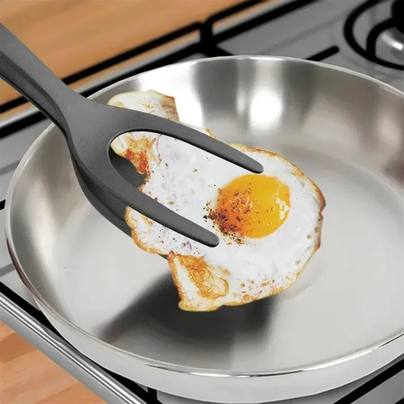 Pinzas de cocina 2 en 1 de nylon con agarre, espátula para huevos y volteador para carne, tortitas y fritos